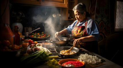 A warm scene with a Latin American grandmother preparing authentic dishes in a cozy, cluttered kitchen, illuminated by dim lighting. Atmospheric and rich in cultural heritage - obrazy, fototapety, plakaty