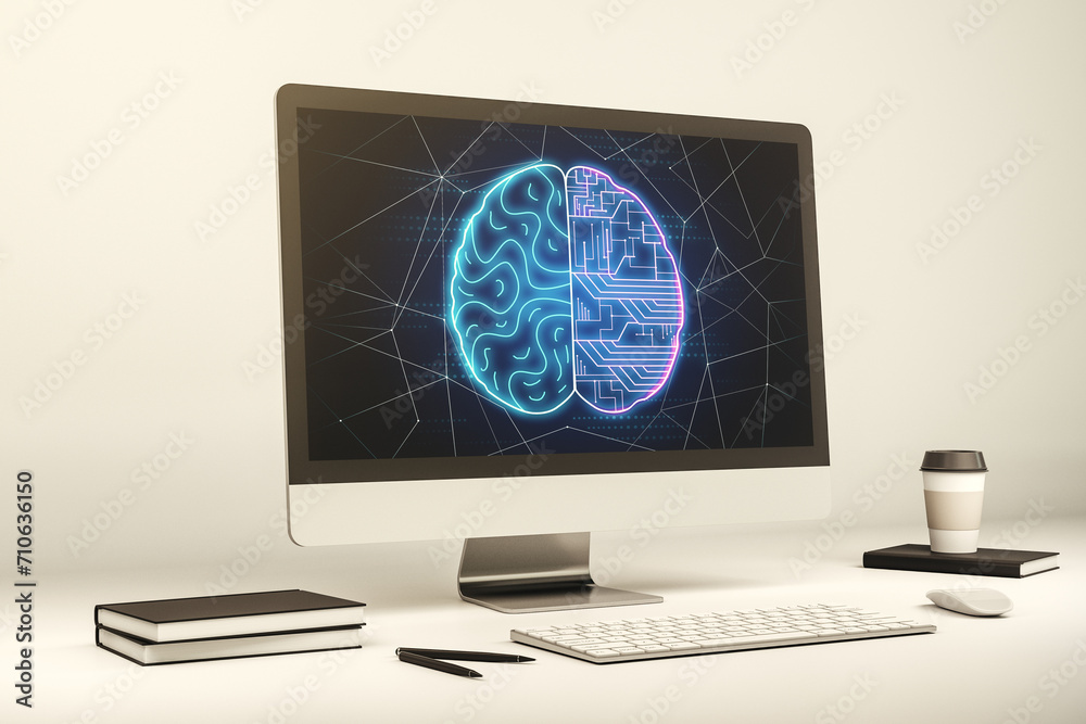 Leinwandbilder modern computer monitor with creative artificial intelligence symbol. neural networks and machine le