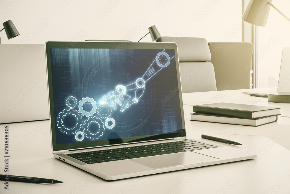 Aufkleber Creative abstract robotics technology hologram on modern computer monitor, artificial intelligence and machine learning concept. 3D Rendering