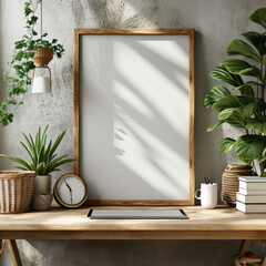 interior designs with table, lamp, frame and books, wooden frame mockup in warm neutral minimalist Japandi interior with plant - obrazy, fototapety, plakaty