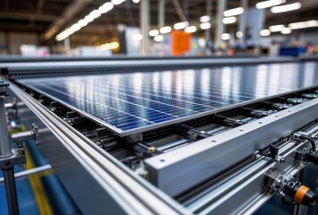 Solar panels on the conveyor belt of a modern industrial factory.
