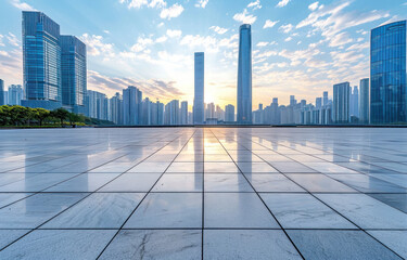 Fototapeta premium Empty square floors and city skyline with modern buildings scenery 