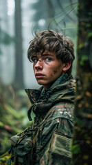 Obraz premium Young Soldier in Military Uniform, Emotionless Forest Stare
