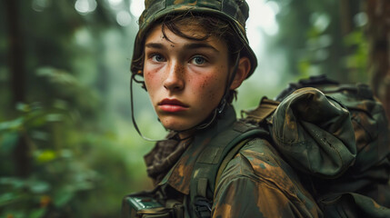 Young Soldier in Military Uniform, Emotionless Forest Stare - obrazy, fototapety, plakaty