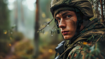 Obraz premium Young Soldier in Military Uniform, Emotionless Forest Stare