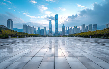 Fototapeta premium Empty square floors and city skyline with modern buildings scenery 