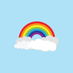 A colorful rainbow with white clouds on a blue background.