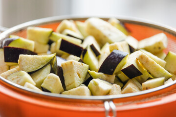 Kitchen Prep: Cubed and Drained Eggplants Close-Up