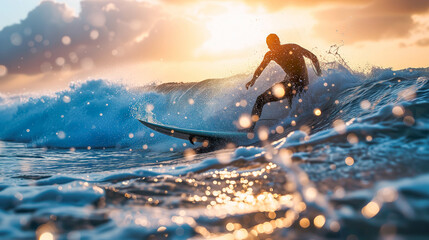 Coastal Adventure, Dynamic Surfer in Action on Wavy Sea