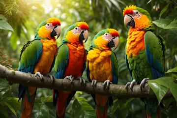 A group of parrots in a forest