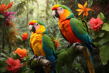 A group of parrots in a forest