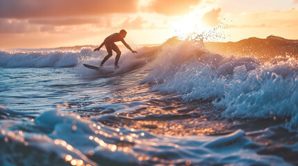 Coastal Adventure, Dynamic Surfer in Action on Wavy Sea