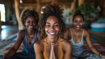 Fototapeta premium Three friends radiate joy during a yoga practice, their shared laughter and relaxed poses embodying a spirit of camaraderie and wellbeing.
