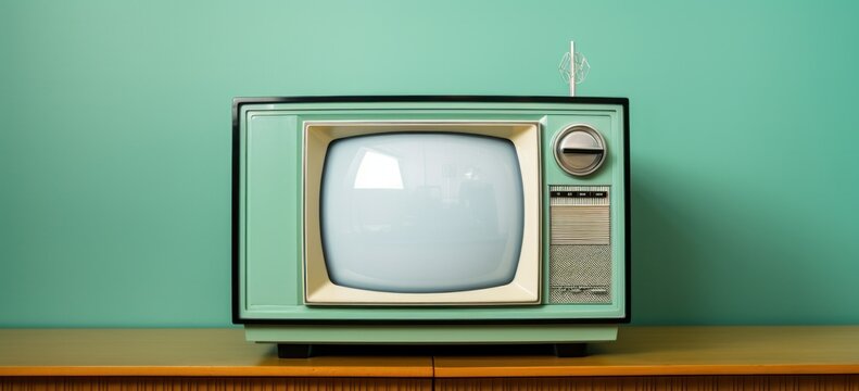 Vintage television set against teal background. Retro technology and design