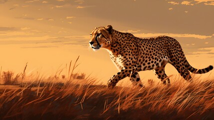 Cheetah stalking fro prey on savanna, digital art - obrazy, fototapety, plakaty