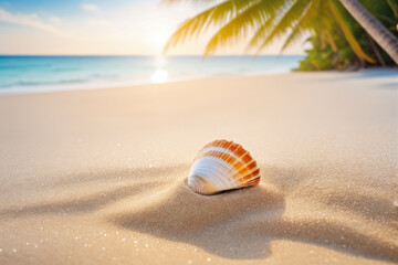 Obraz premium Sand beach with shell, blurred of tropical beach with palm tree calm sea and sky, summer vacation background concept