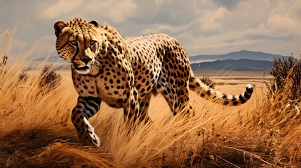 Cheetah stalking fro prey on savanna, digital art