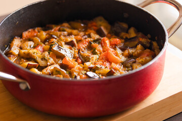 Homestyle Goodness: Eggplant Stew in Pan Close-Up