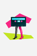 Vertical creative composite photo collage of bodyless girl retro cassette instead of body go on party isolated white color background