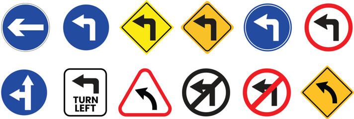 Turn Left Icons Set. Turn left traffic sign vector illustration - obrazy, fototapety, plakaty