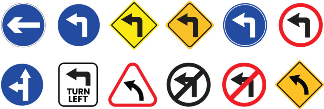 Turn Left Icons Set. Turn left traffic sign vector illustration