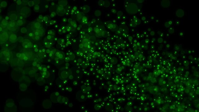Abstract green dust glitter particles floating in air. Bokeh animated footage for event, festival, presentation. 3D Rendering. High quality 4k footage