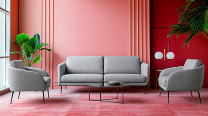 Elegant Modern Japandi Style Living Room with Grey Sofa and Armchairs Against Pink and Crimson Wall, Minimalist Home Interior Design with Ample Copy Space