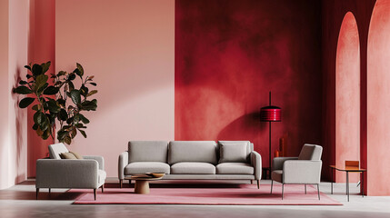 Elegant Modern Japandi Style Living Room with Grey Sofa and Armchairs Against Pink and Crimson Wall, Minimalist Home Interior Design with Ample Copy Space