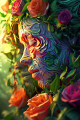 Woman face with abstract nature painting and flowers