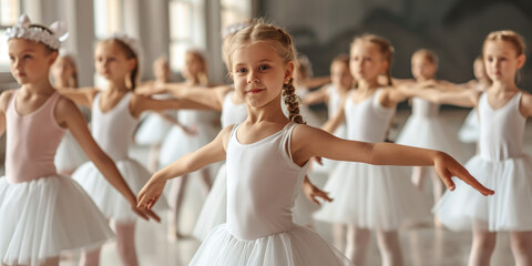 Group of young beautiful girls, ballet dancers. Young ballerinas in the ballet class