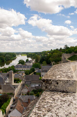 Fototapeta na wymiar Castle in the city of Amboise France, beautiful architecture, old roofs, Loire river, green trees and colorful flowers.
