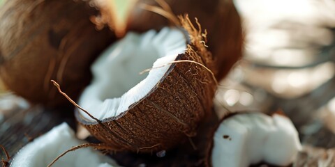 A detailed view of a coconut shell placed on a table. Perfect for tropical-themed designs and eco-friendly concepts