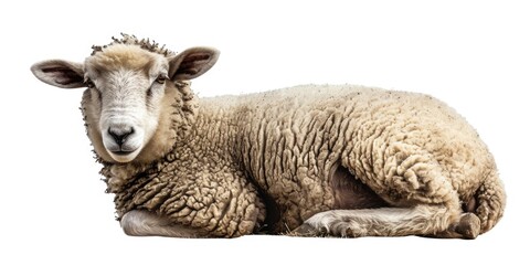 A sheep peacefully lying down on a clean white surface. Ideal for showcasing tranquility and simplicity
