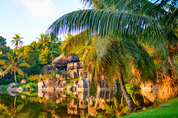 picturesque bright nature in Seychelles, lake and granite stones