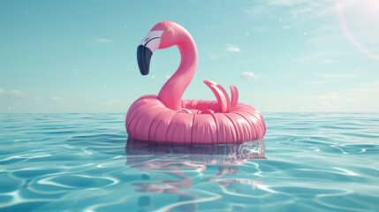 Flamingo tropical. Pink inflatable flamingo in water for summer beach background. Pool float party.