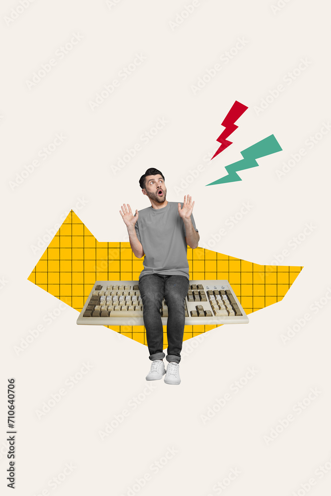 Poster vertical composite creative collage photo illustration of astonished man sit on computer keyboard is