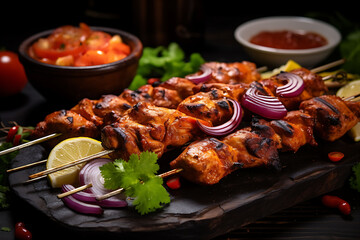 Most popular Indian chicken tikka on skewers, Indian tandoori chicken kabab spicy dish cuisine...