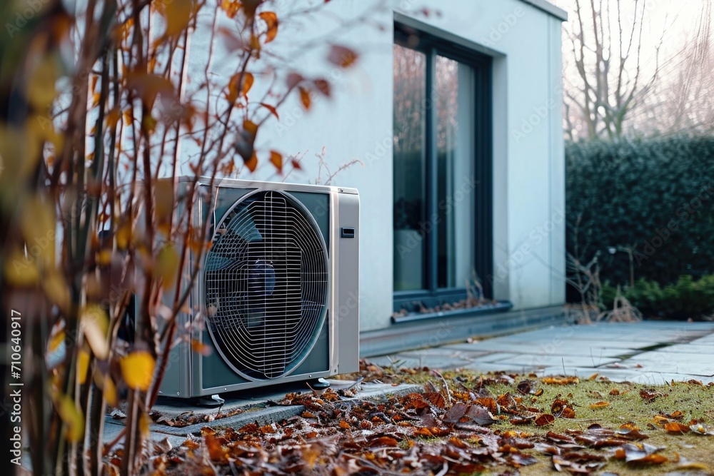 Poster A compact air conditioner unit positioned on the side of a building. Suitable for cooling small spaces