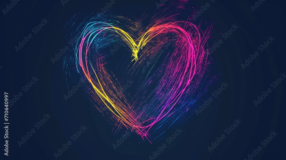 Poster a vibrant neon heart shining brightly against a black background. perfect for adding a touch of mode