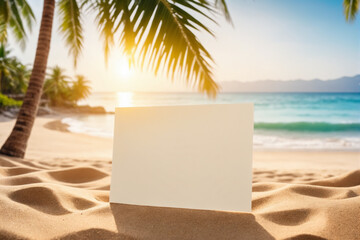 Sandy beach with empty white paper card for message design, blur sea and palm trees on background,...