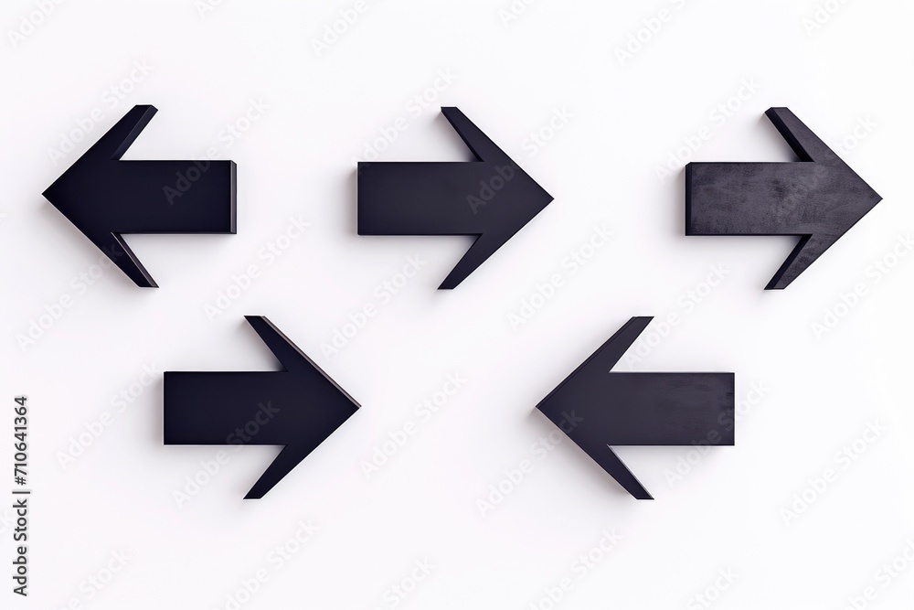 Aufkleber Set of four black arrows displayed on a white wall. Versatile and modern, this image can be used to illustrate direction, guidance, or navigation in various contexts