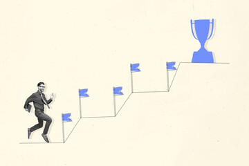 Photo image collage funny young employee guy running towards cup award climb upwards flag route...