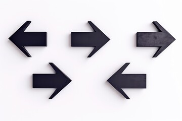 Set of four black arrows displayed on a white wall. Versatile and modern, this image can be used to illustrate direction, guidance, or navigation in various contexts