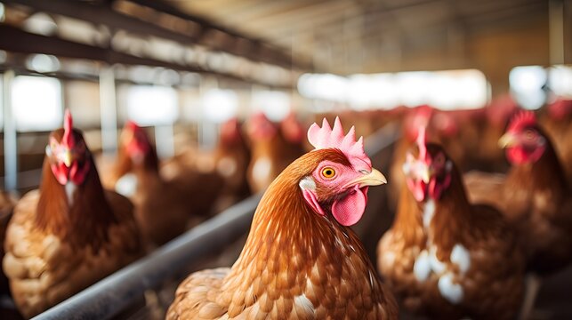 Chicken farm. Egg-laying chicken in battery cages. Commercial hens poultry farming. Layer hens livestock farm. Intensive poultry farming in close systems. Egg production. Chicken feed for laying hens.