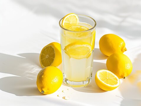 Design mockup. A refreshing glass of lemonade, with vibrant lemon slices, on a pure white background. Generative AI