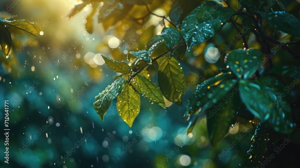 Aufkleber A detailed view of a tree branch covered in sparkling water droplets. Perfect for nature-themed projects or to add a touch of freshness to any design