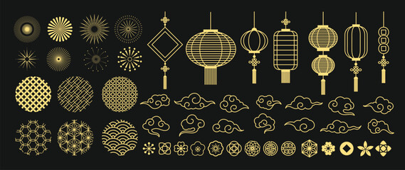 Chinese New Year Icons vector set. Cherry blossom flower, firework, hanging lantern, cloud isolated icon of Asian Lunar New Year holiday decoration vector. Oriental culture tradition illustration.