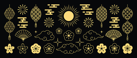 Chinese New Year Icons vector set. Cherry blossom flower, fan, firework, hanging lantern,cloud isolated icon of Asian Lunar New Year holiday decoration vector. Oriental culture tradition illustration. - obrazy, fototapety, plakaty