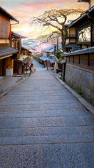 Scenic sunset of Ninenzaka, ancient pedestrian road in Kyoto, Japan