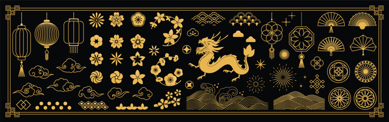Chinese New Year Icons vector set. Cherry blossom flower, lantern, dragon, sea wave, cloud isolated icon of Asian Lunar New Year holiday decoration vector. Oriental culture tradition illustration.